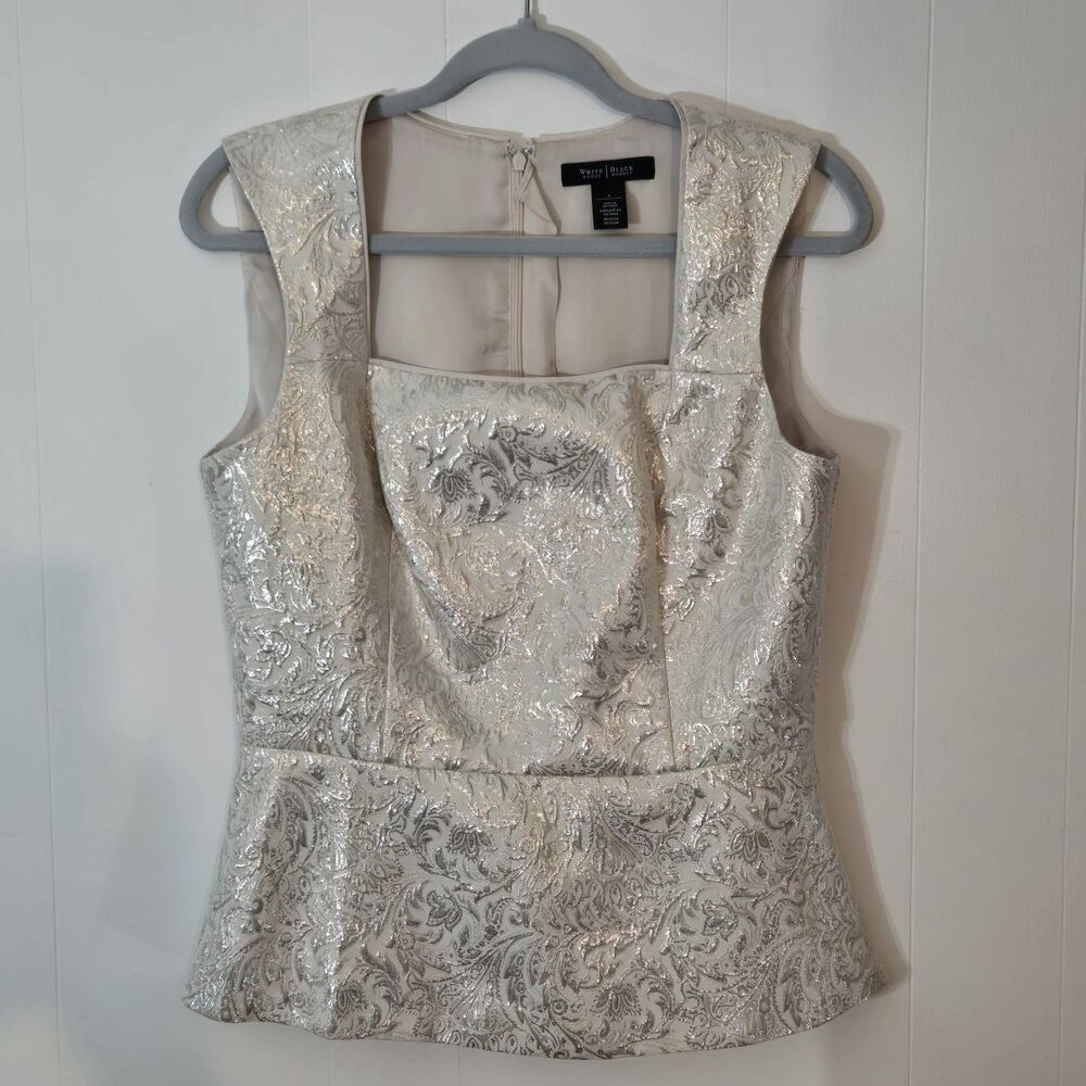 White House Black Market Cream Gold Metallic Brocade Peplum Top Sz 8 M Evening